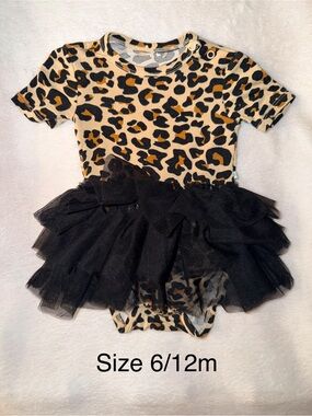 RuffleButts Baby Leopard Print Tutu Bodysuit - Black & Tan
